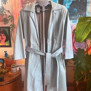 Vintage Powder Blue Leather Trench Coat – Distressed Patina – 70s Style